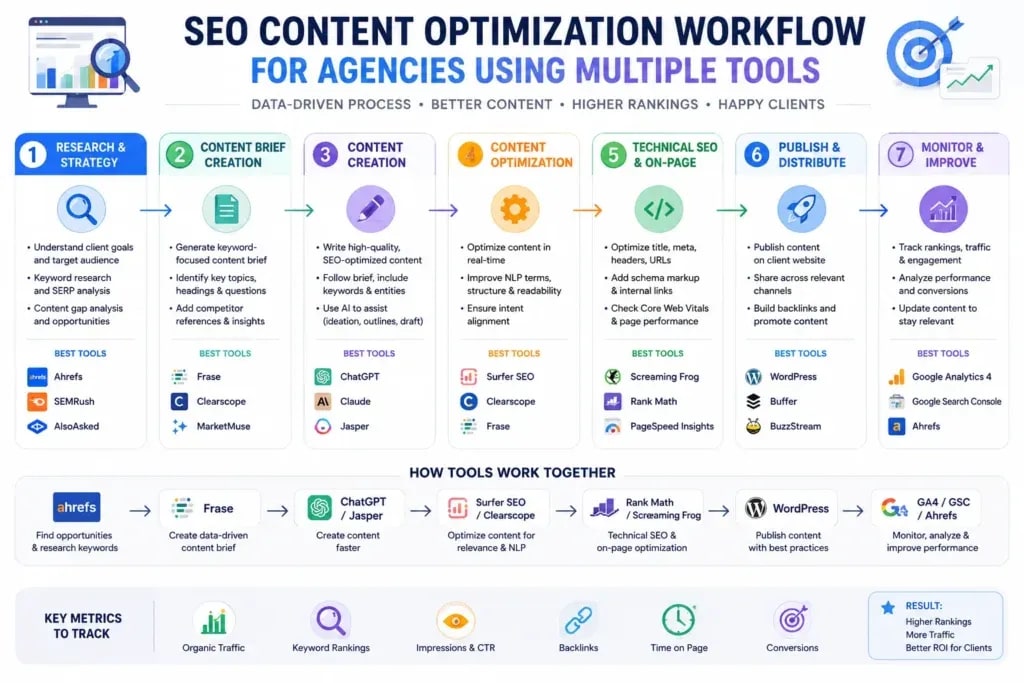 SEO content optimization workflow for agencies using multiple tools