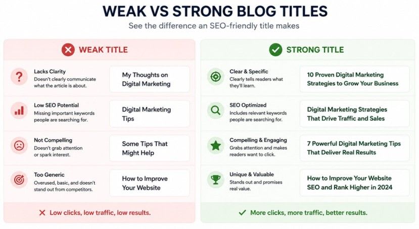 Side-by-side comparison of weak vs strong blog titles created with an seo friendly title generator