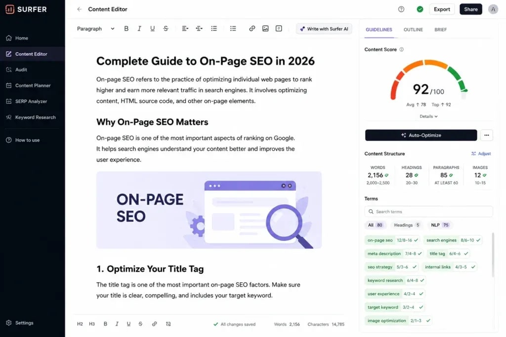 Surfer SEO content editor showing real-time NLP optimization score