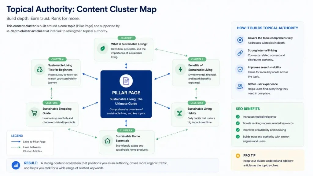 Topical authority content cluster map designed to maximize traffic from article pages through strategic content coverage