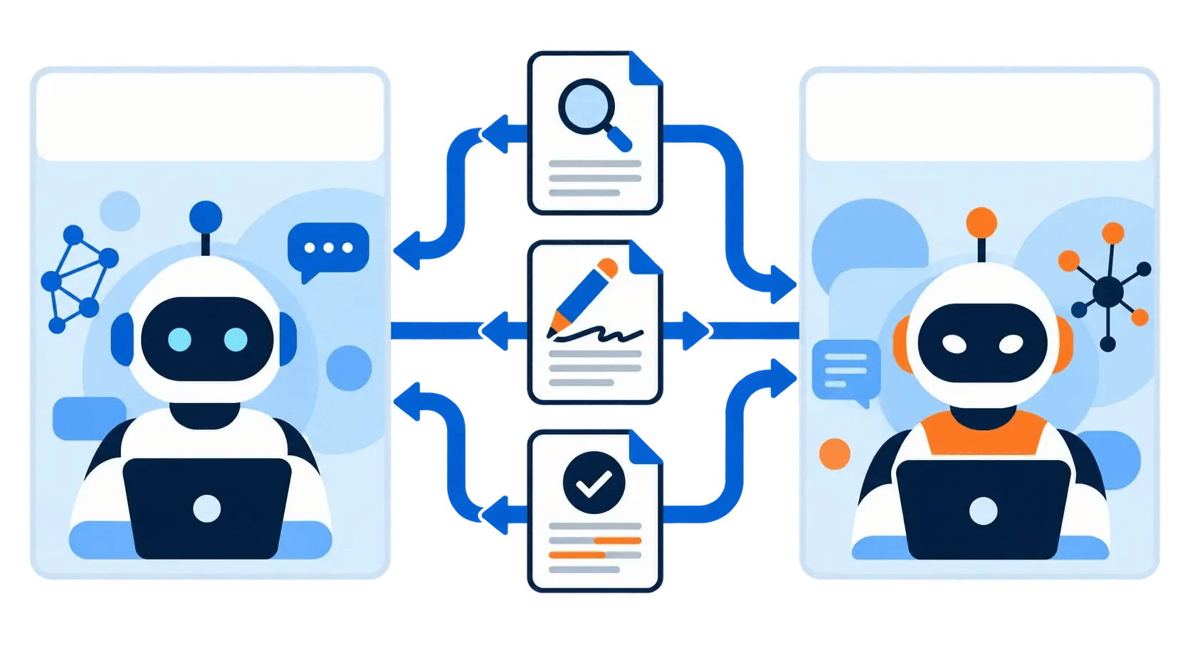 ChatGPT and Claude panels routing research, drafting and editing tasks between the two tools