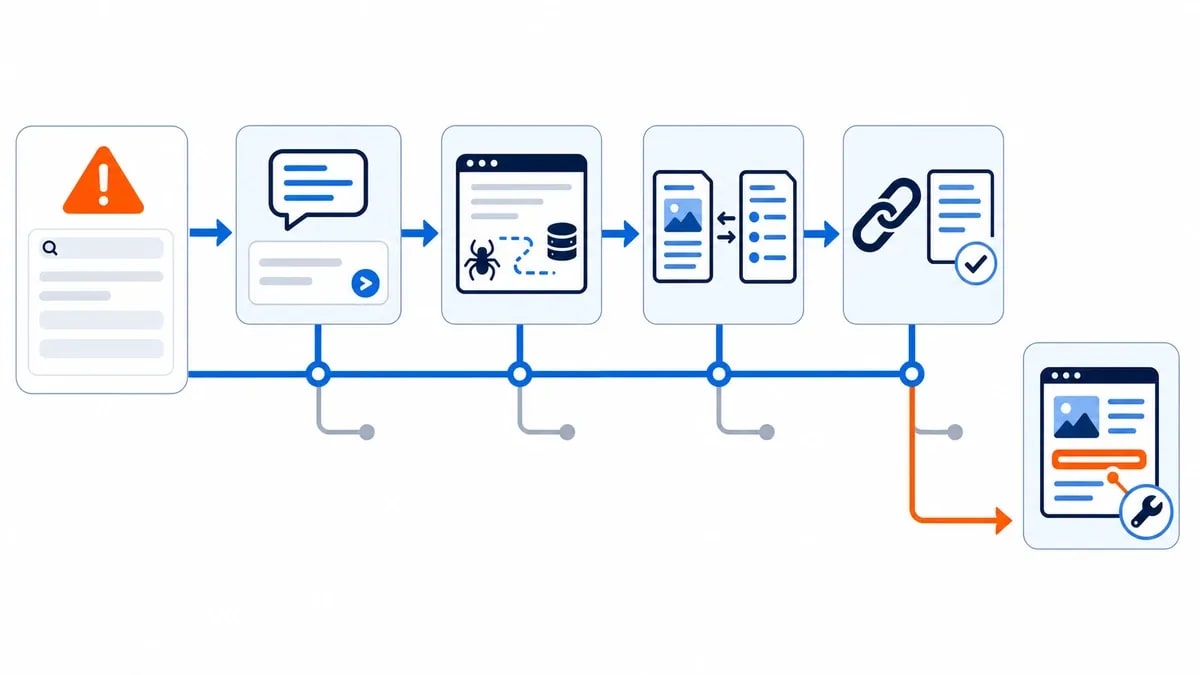 Decision flow for diagnosing zero AI citations through test, technical, content and accuracy checks