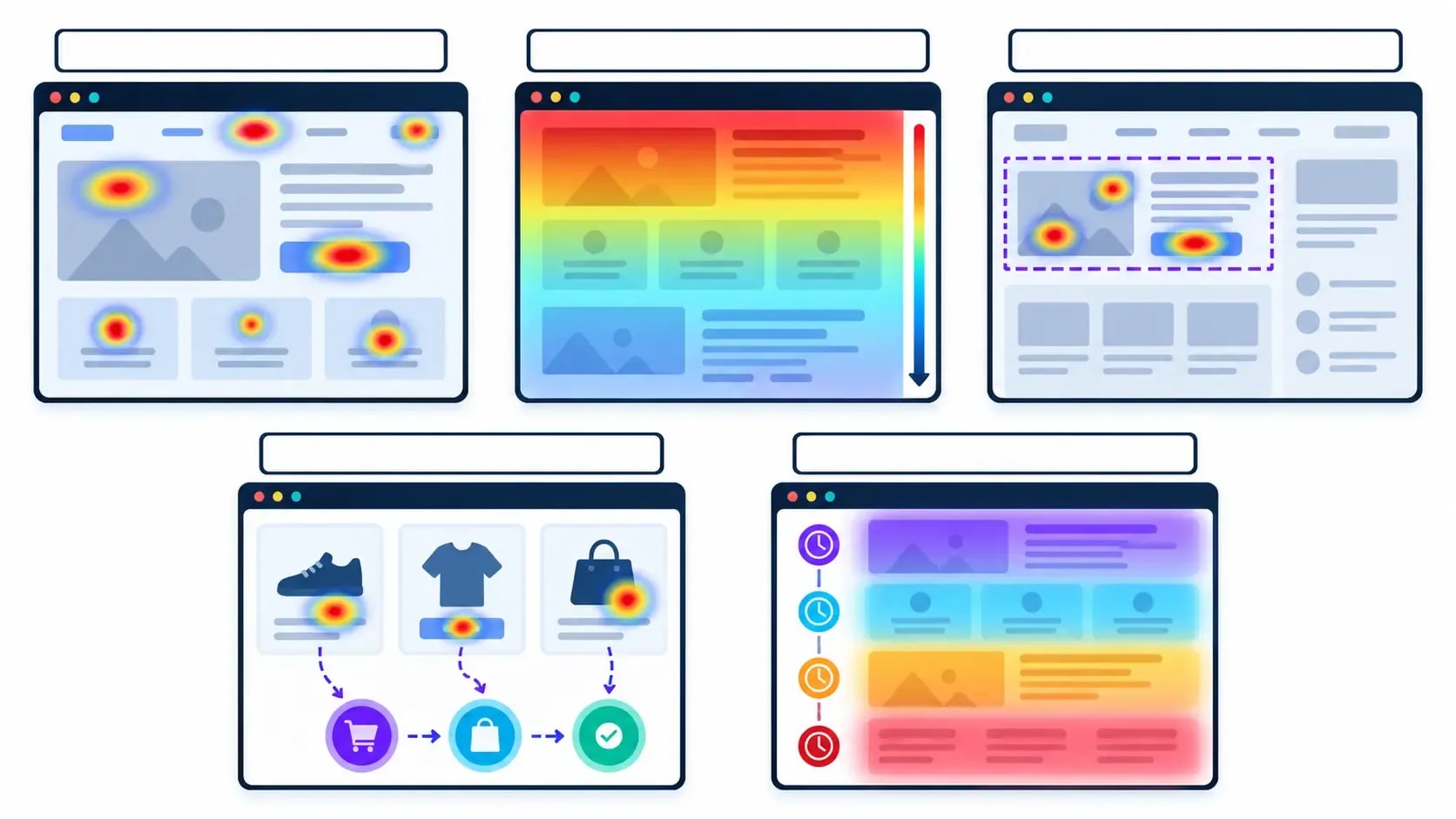 Examples of click, scroll, area, conversion and attention heatmaps in Microsoft Clarity