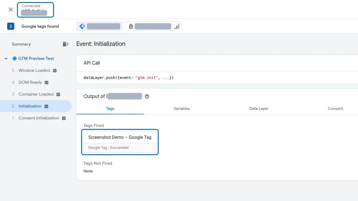 Tag Assistant preview showing a connected site and one Google tag firing during initialization