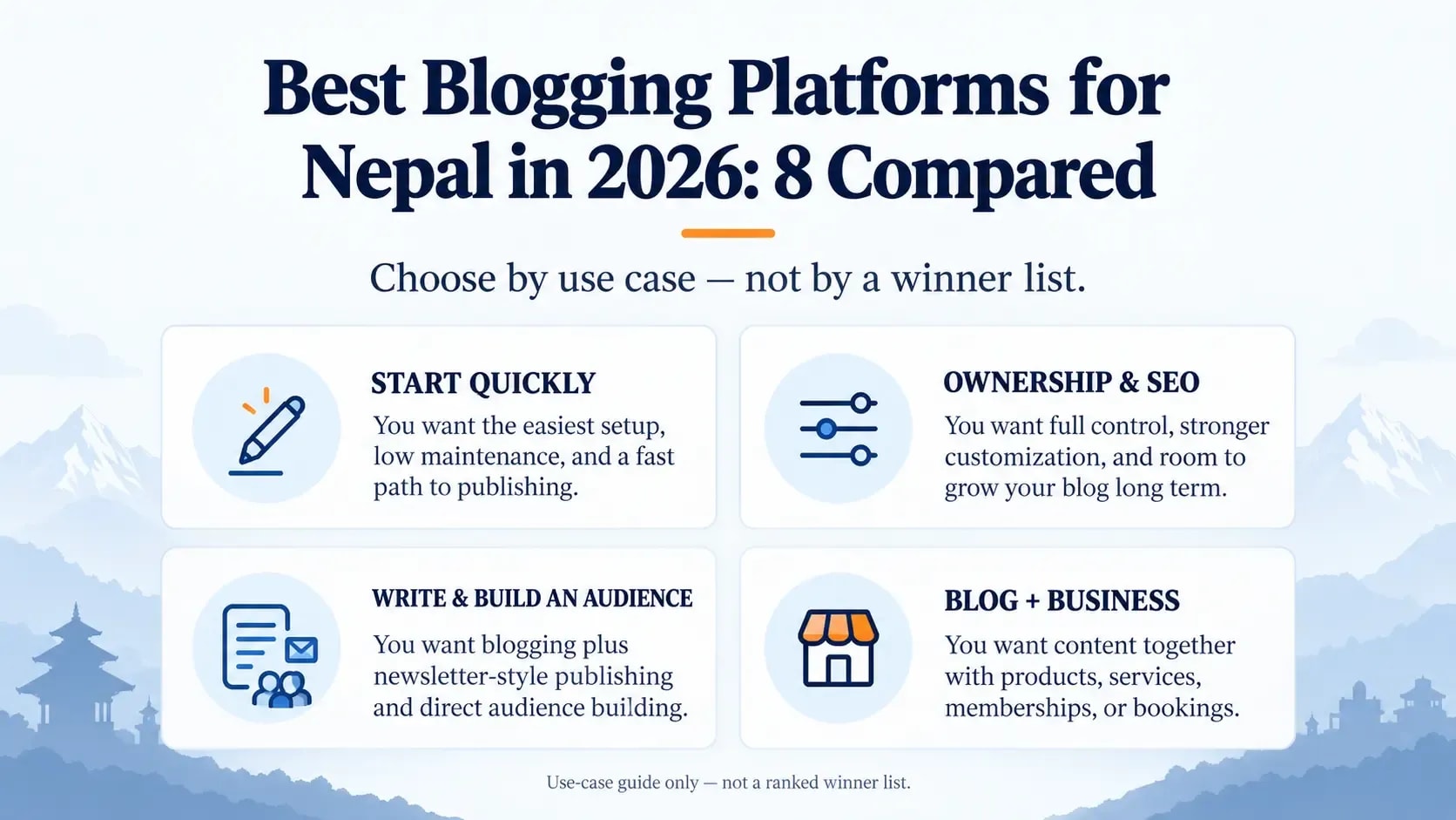Blogging platforms for Nepal grouped by owned websites, free starts, managed sites and specialist publishing workflows.