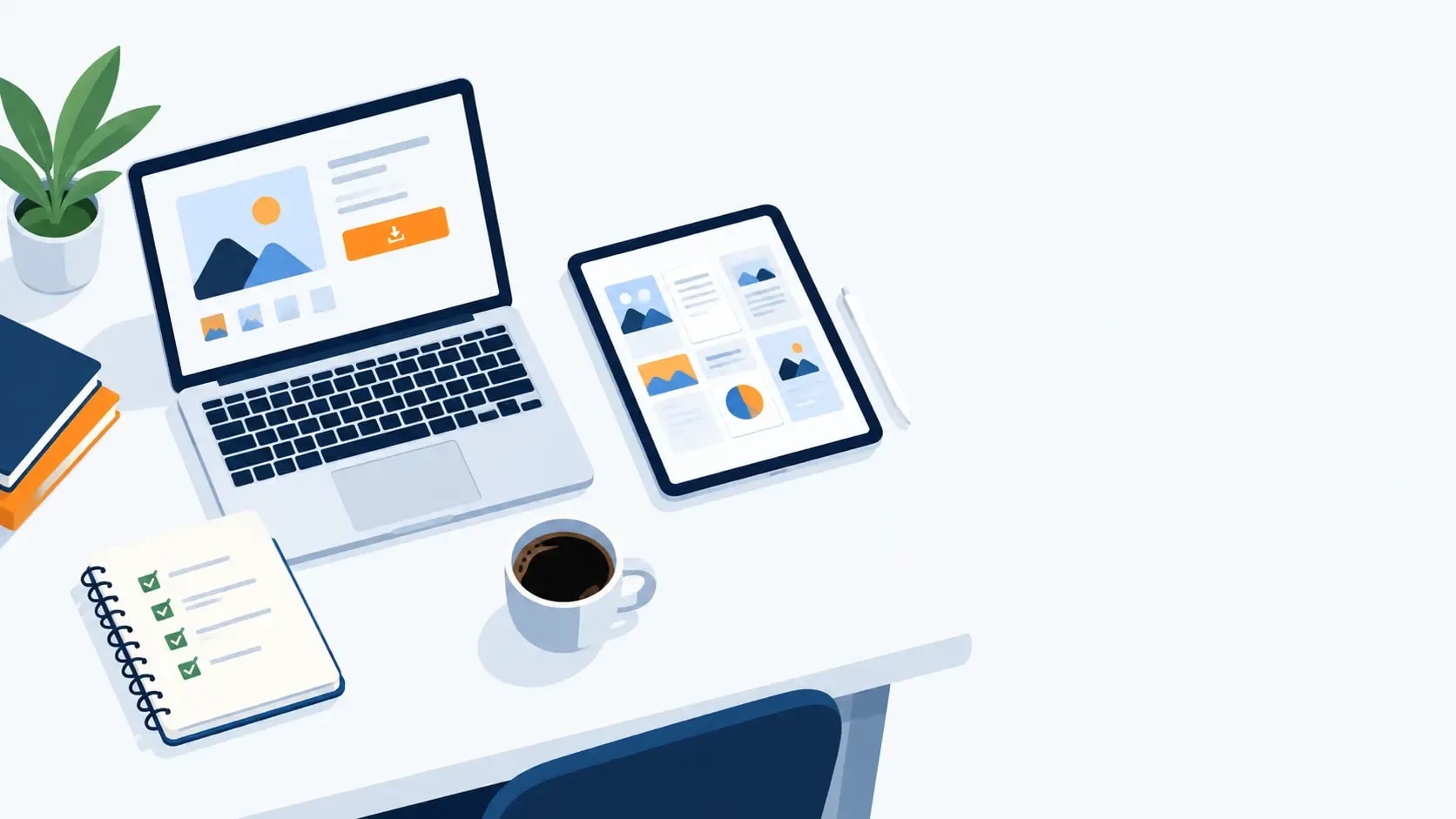 Desk scene showing a digital product creation workflow, from draft file to storefront checkout