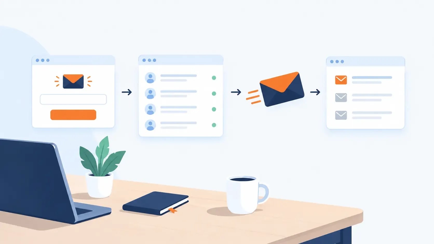 Email list building setup showing a signup form, a subscriber list and an outgoing newsletter