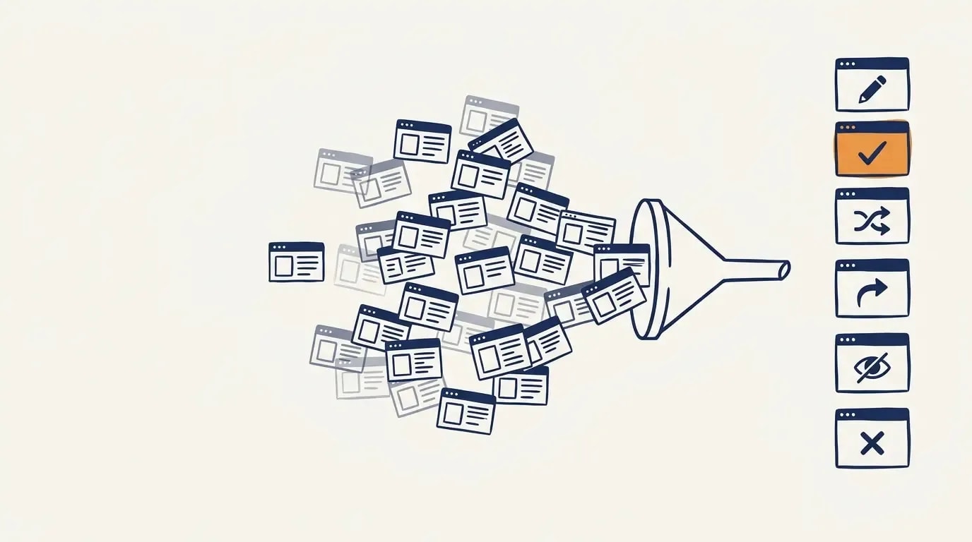 Content audit as a funnel: 241 reported URLs, 119 indexed and 94 in the sitemap scored down to one action per page
