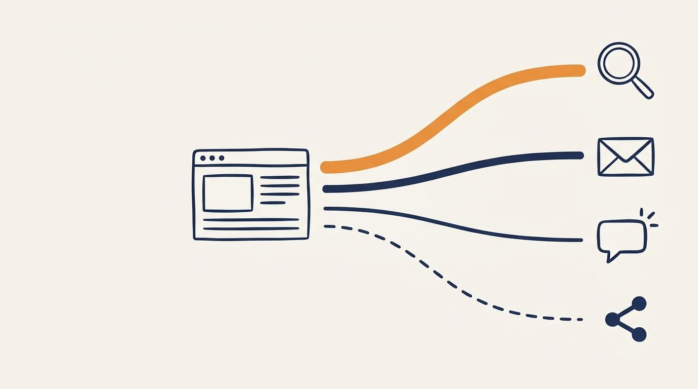 Content distribution checklist: one published article moving out to search, email, AI answers and one social platform
