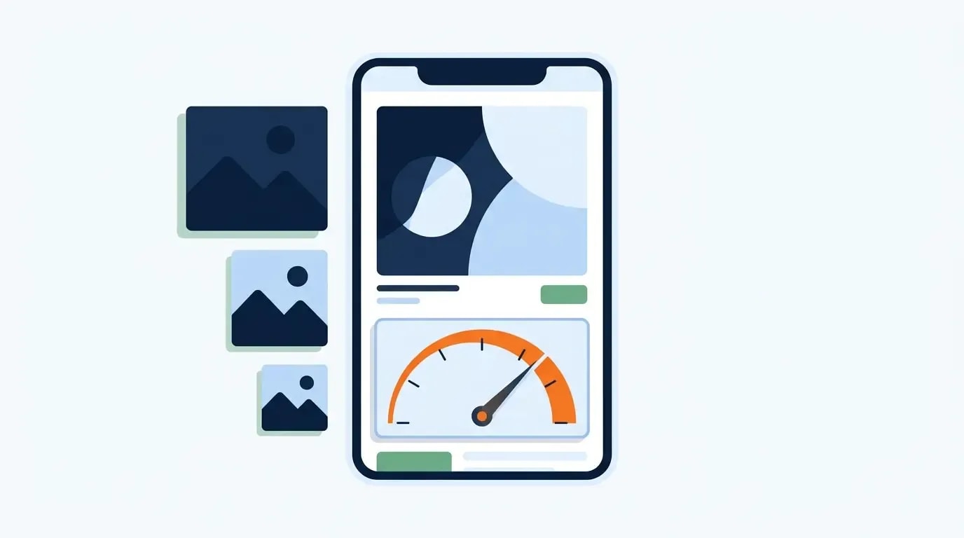 Ecommerce image optimization shown as a product photo compressing into a faster-loading page