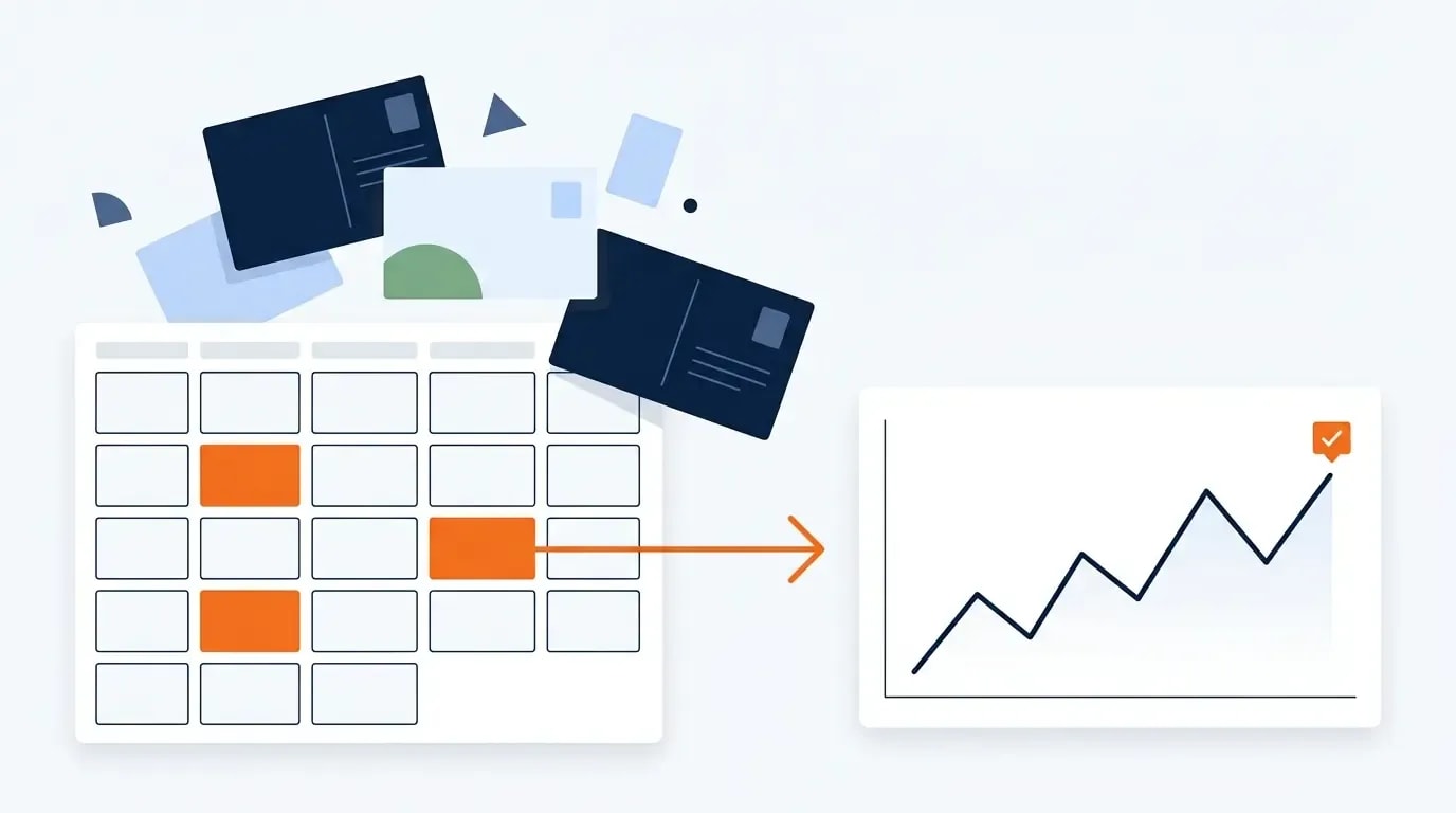 A social media marketing workflow running from scheduled posts to a measured business outcome