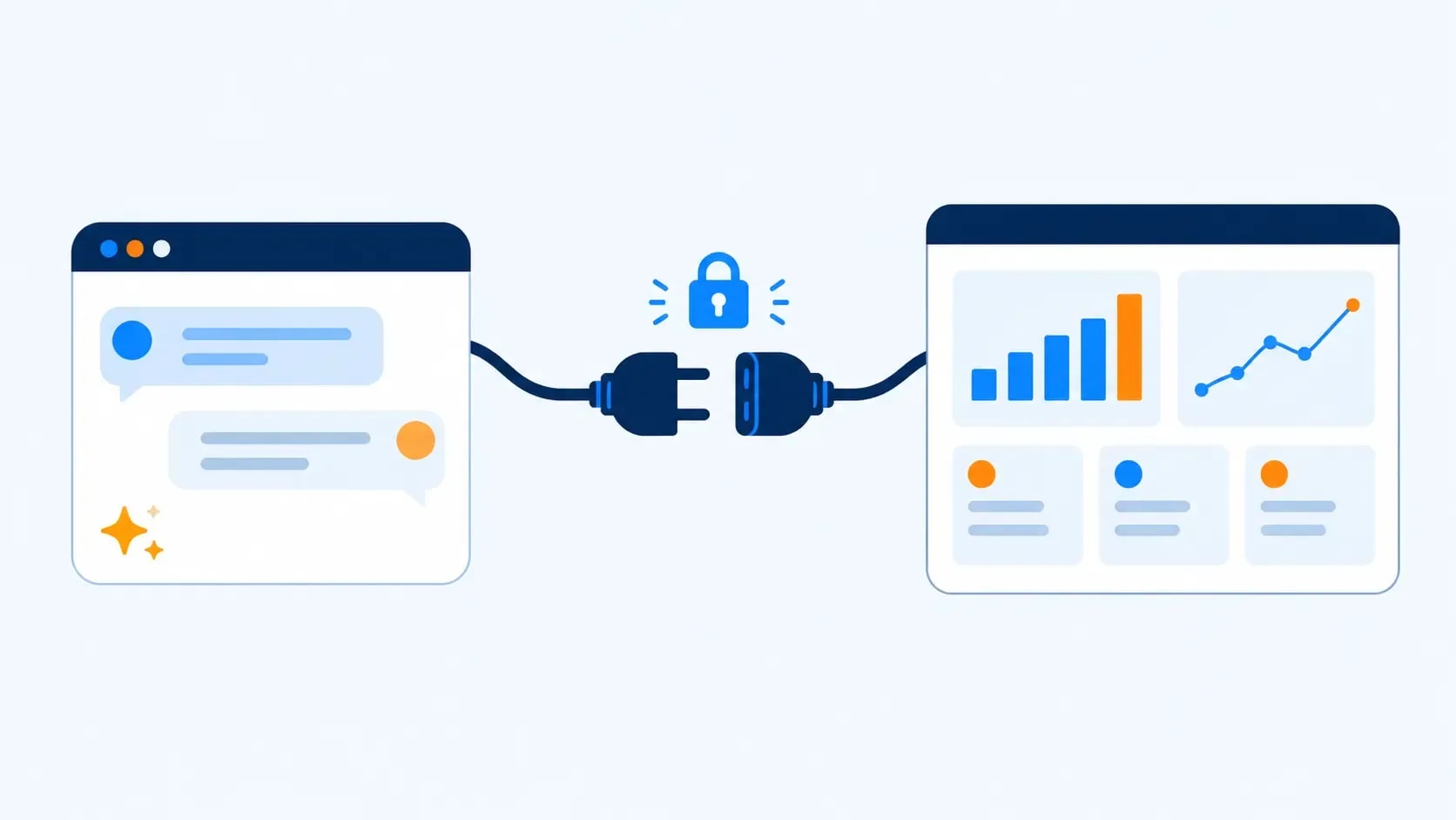 Illustration of an AI assistant chat window connected through a plug to an analytics dashboard with bar and line charts, with a lock showing read-only access