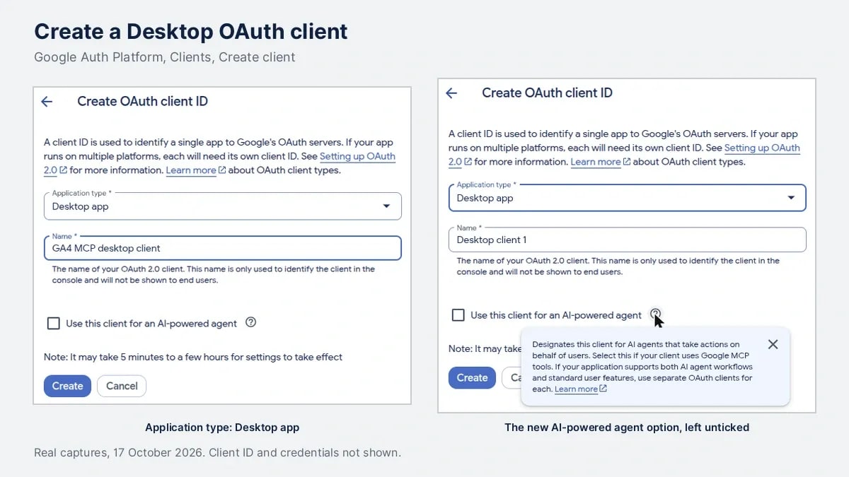 Google Cloud Create OAuth client ID form with Desktop app selected, and the help text for the Use this client for an AI-powered agent checkbox