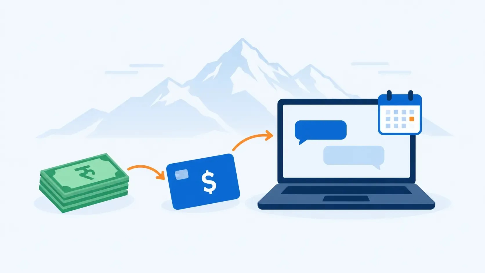 Illustration of a dollar prepaid card paying for an AI chat subscription on a laptop, with Nepali rupee notes and the Himalayas in the background