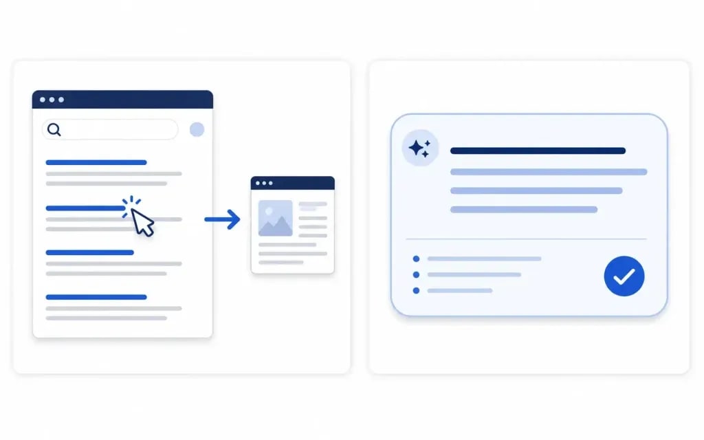 Comparison of traditional search click-through versus zero-click AI Overview results
