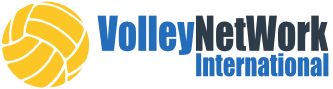 volleynetwork international - main logo - an orange volleyball with white stitching and blue and black characters