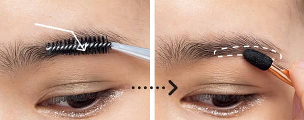 まず高い方の眉の毛流れをスクリューブラシでとかして下向きに。そのうえで毛が足りない部分にチップでグレーをオン。地肌がふんわり着色するように、少しずつ色をのせていく。