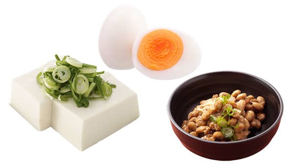 豆腐、ゆで卵、納豆