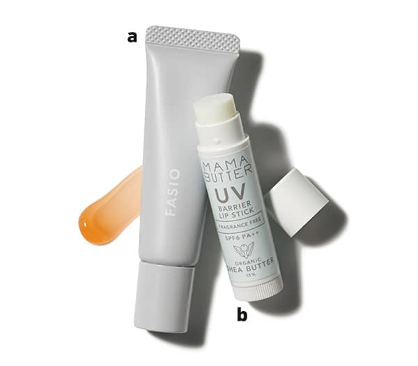 【a】ファシオ ティント リップ UV、【b】ママバター UVバリア リップスティック