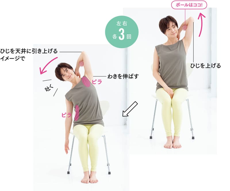 ひじを上げて体を倒し、わきを伸ばす