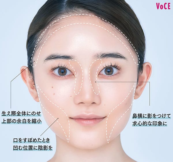 椎名美月さん/生え際全体にのせ上部の余白を縮小/鼻横に影をつけて求心的な印象に/口をすぼめたとき凹む位置に陰影を