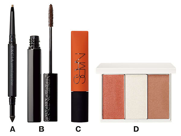 【A】エクシア ペンシル アイライナー GD80/【B】ザ マスカラ カラーニュアンス WP Rusty Brunette/【C】エアーマット リップカラー 02690/【D】プリズマティックラスター フェイスパレット 01
