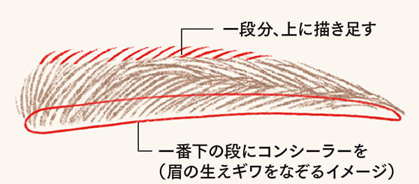 「眉毛の描き方」一段分、上に描き足す／一番下の段にコンシーラーを（眉の生えギワをなぞるイメージ）