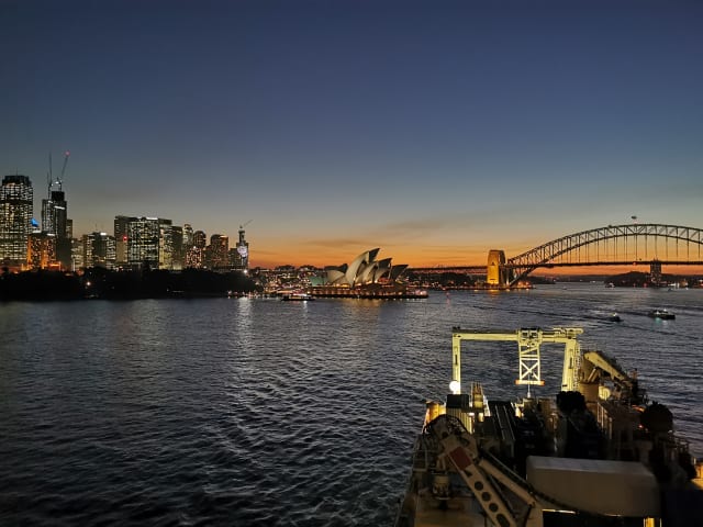 The cable-laying ship, Ile de Brehat, departing from a port call in White Bay Balmain. (Credit: ASN)