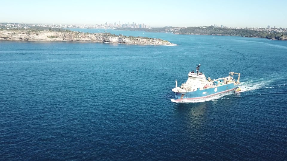 The cable-laying ship, Ile de Brehat, departing from a port call in White Bay Balmain. (Credit: ASN)