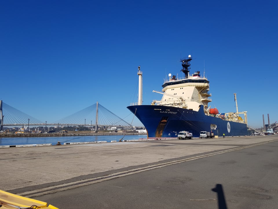 The cable-laying ship, Ile de Brehat, which has laid the cable from Port Moresby and Honiara, made a port call at White Bay Balmain on 14 August 2019. (Credit: Vocus)