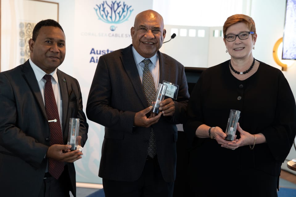 Celebrating the completion of the Coral Sea Cable Project (from left) Mr Walter Diamana, Acting High Commissioner for Solomon Islands, Mr John Kali, High Commissioner for Papua New Guinea, and Senator Hon Marise Payne, Australia’s Minister for Foreign Affairs and Minister for Women. (Credit: Nathan Fulton/DFAT)