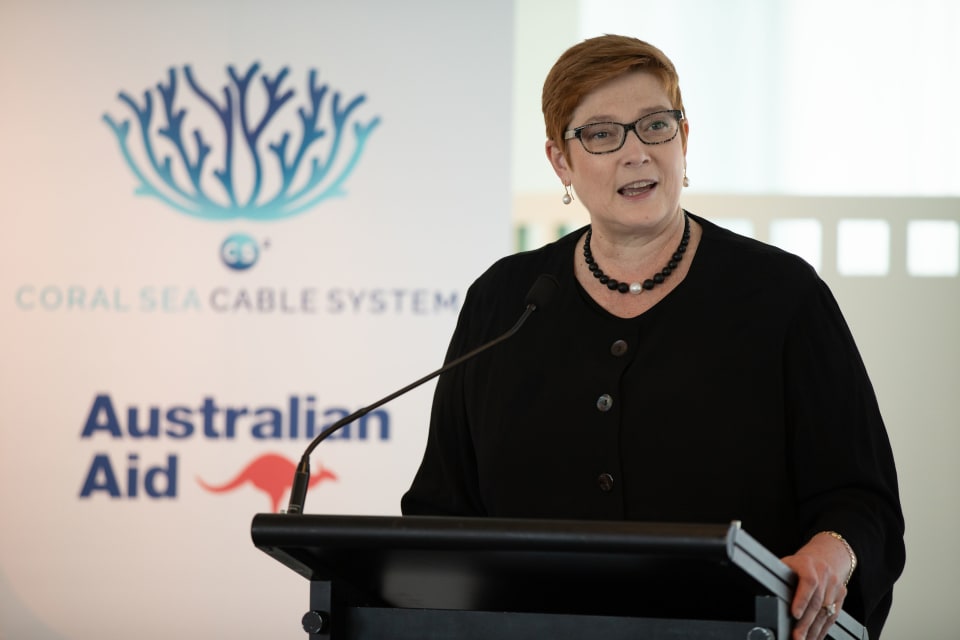 Senator Hon Marise Payne, Australia’s Minister for Foreign Affairs and Minister for Women, speaking at the Coral Sea Cable photo exhibition at Parliament House, to mark the completion of the project. (Credit: Nathan Fulton/DFAT)