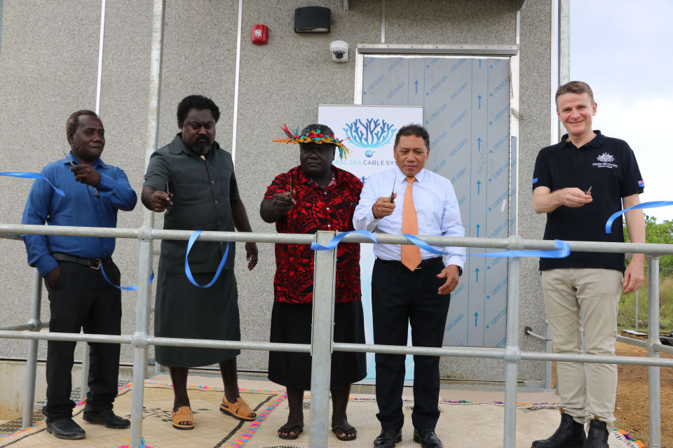 Opening the Noro Cable Landing Station, 31 October 2019. From the left: Mr Chris Hapa – Chair of the Solomon Islands Submarine Cable Company, the Hon. Silas Tausinga – National MP for West New Georgia, Premier David Gina – Western Province, the Hon. Shanel Agovaka – Minister for Communications and Aviation, Mr Roderick Brazier - Australian High Commissioner. (Credit: DFAT)