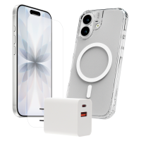 TUFF8 - Bundle (Includes Tempered Glass /  PD Wall Charger 35W /  Clear Mag Case) for Apple iPhone 17 - Clear