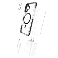 Gadget Guard - 5 in 1 Total Bundle Plus (includes Total Guard Case /  $150 GuardPlus Camera Lens Protector /  $150 GuardPlus Screen Protector /  30W Charging Block  /  Cable) for Apple iPhone 17 - Black and Clear
