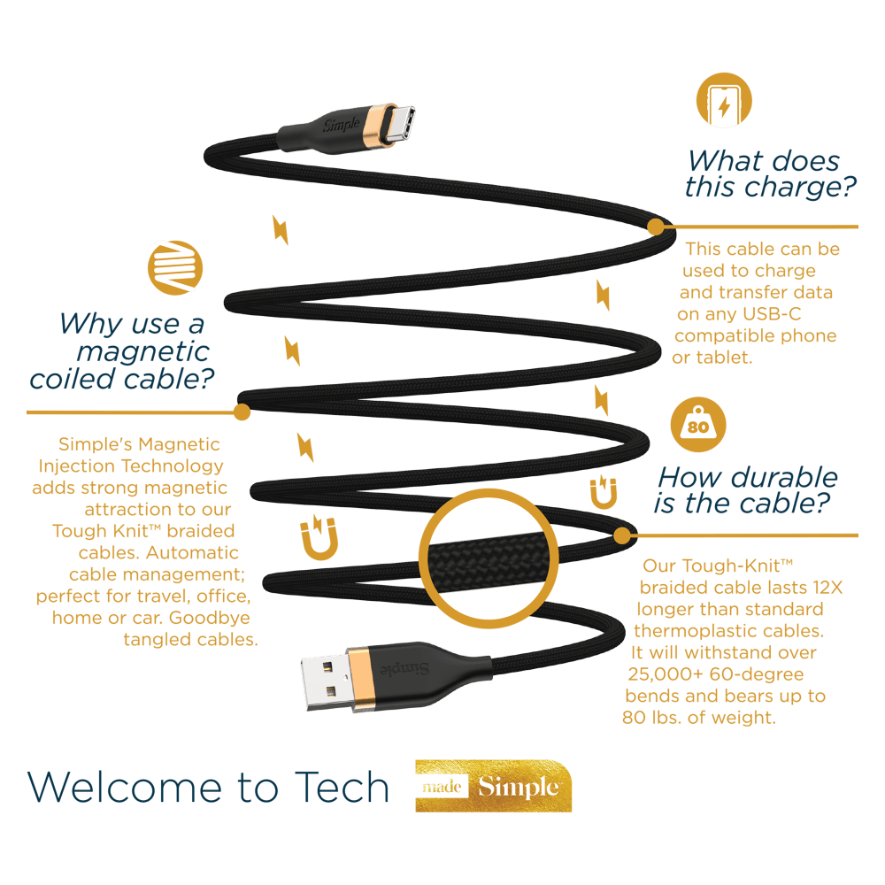 Wholesale cell phone accessory Simple - Magnetic USB A to USB C Cable 6ft - Black