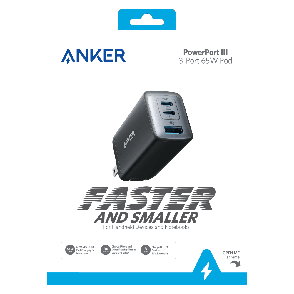 Wholesale cell phone accessory Anker - PowerPort 3 3 Port Wall Charger 65W - Black
