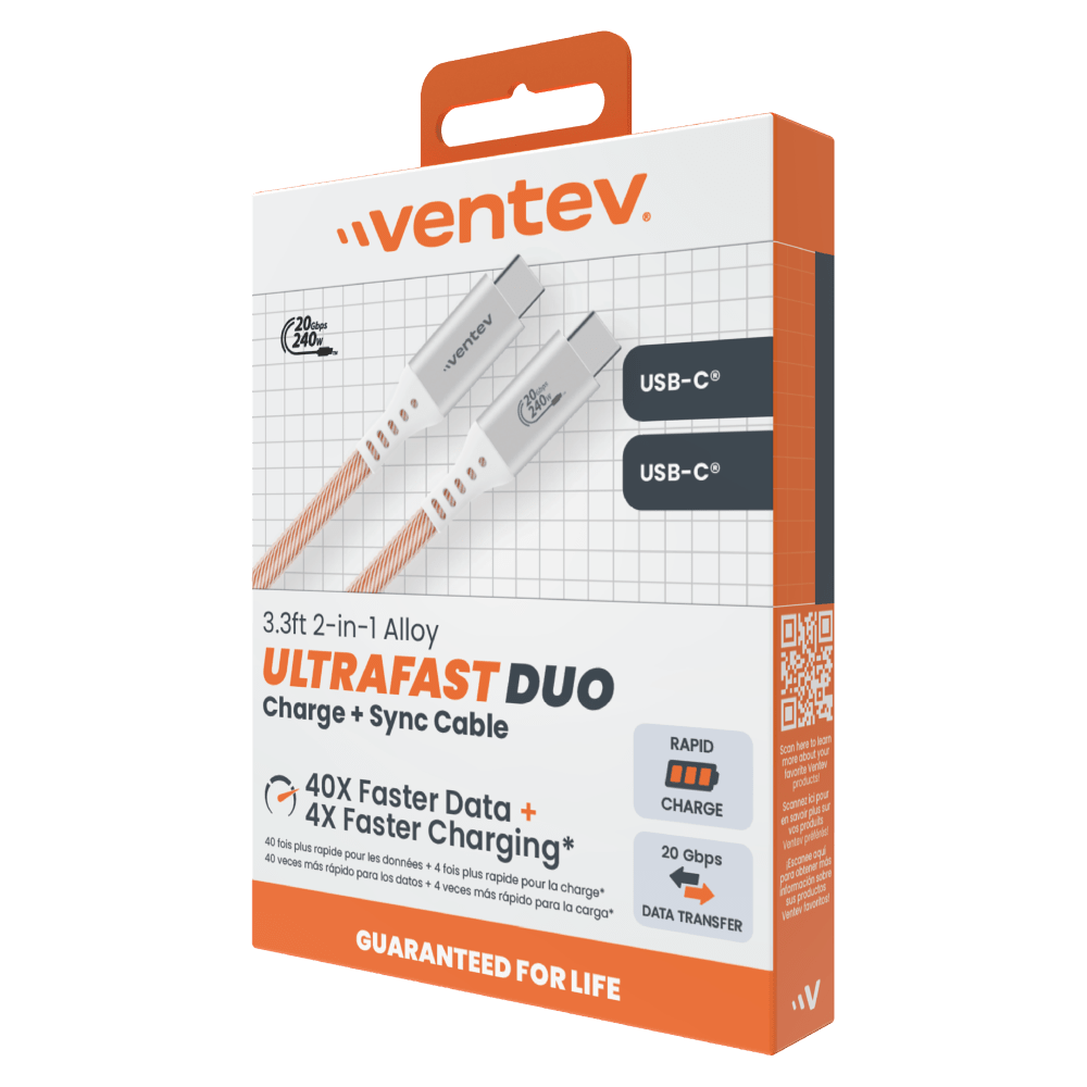 Wholesale cell phone accessory Ventev - Ultrafast Duo USB C to USB C 3.3ft - White and Orange