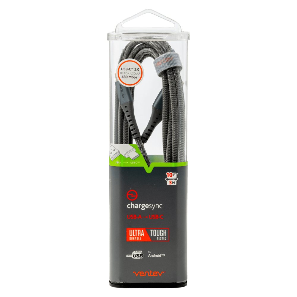 Ventev Chargesync USB-C Cable - 4ft Braided Steel Gray With Velcro Tie