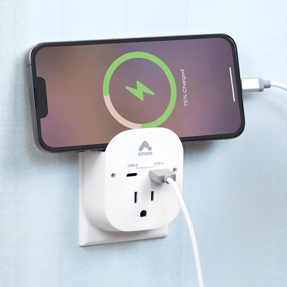 Wholesale cell phone accessory Amaze - Dual Port USB Wall Charger with Phone Holder - White