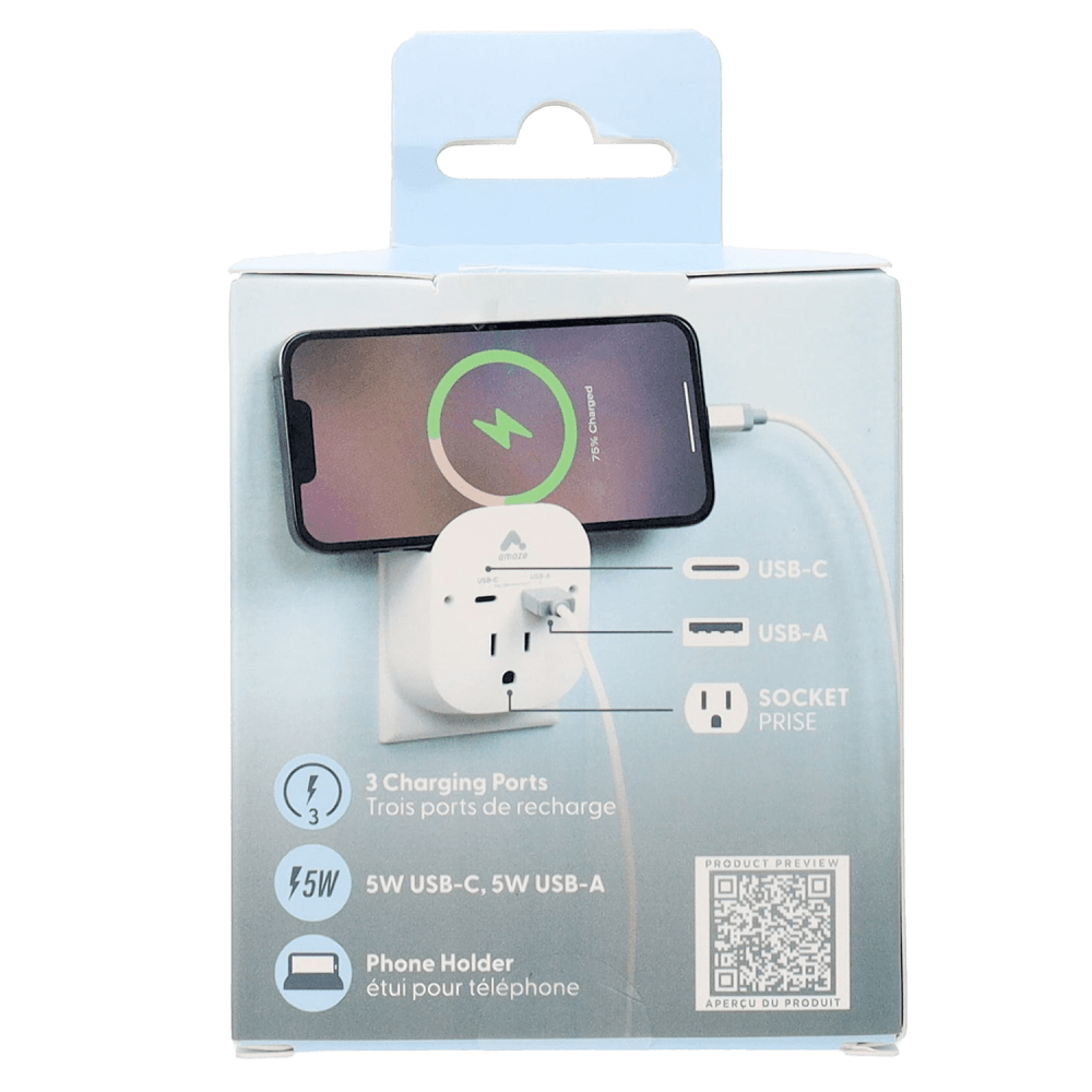 Wholesale cell phone accessory Amaze - Dual Port USB Wall Charger with Phone Holder - White