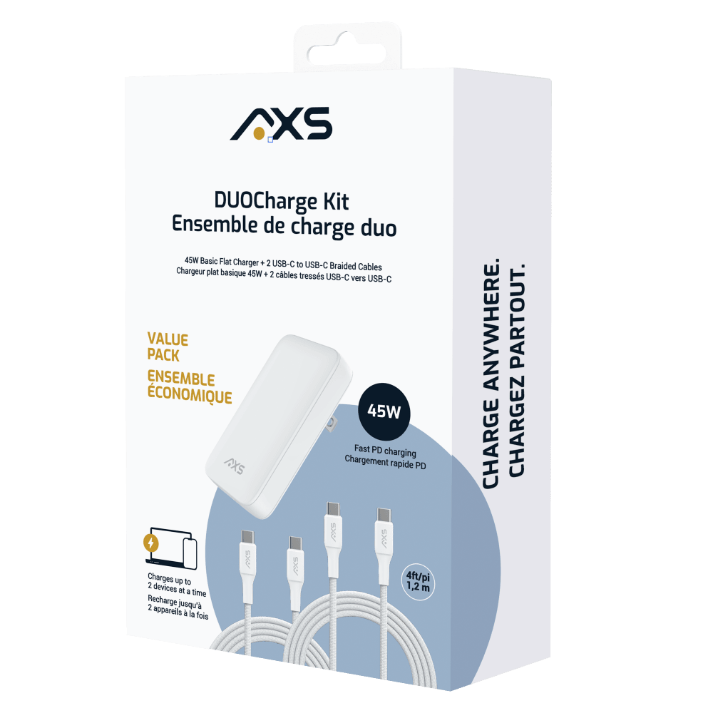 Wholesale cell phone accessory AXS - DUOCharge Flat Wall Charger with 2x Braided Cable 4ft -