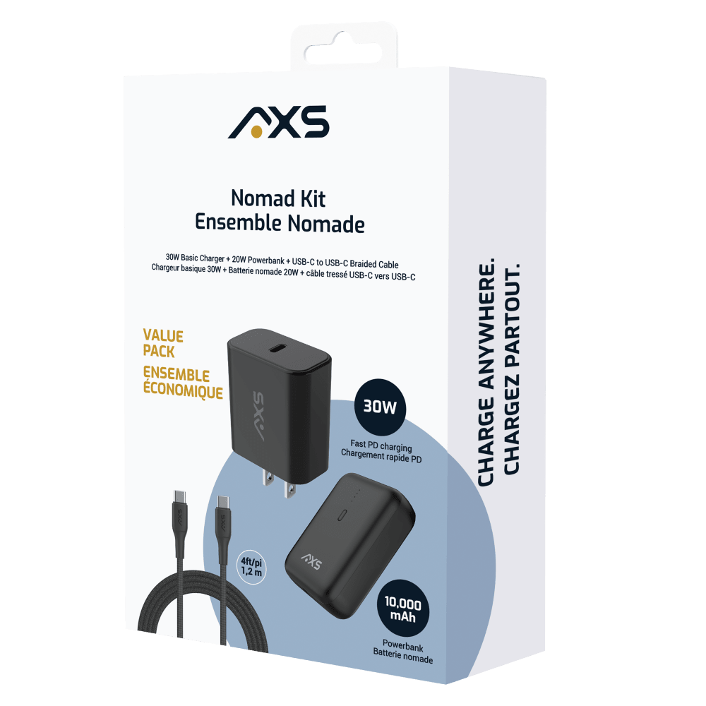Wholesale cell phone accessory AXS - Nomad Kit (includes Basic Wall Charger 30W, Power Bank