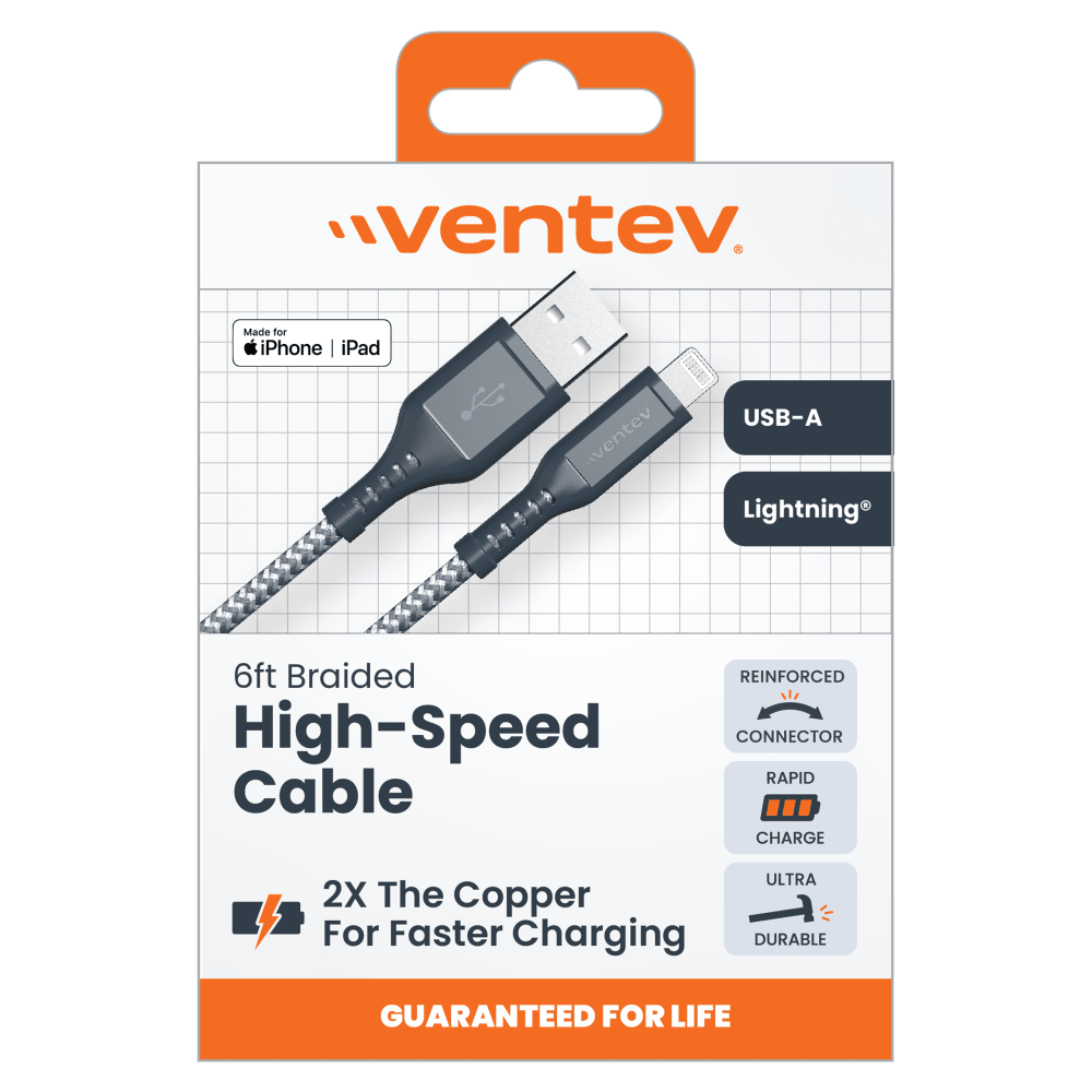 Wholesale cell phone accessory Ventev - High Speed USB A to Apple Lightning Braided Cable with