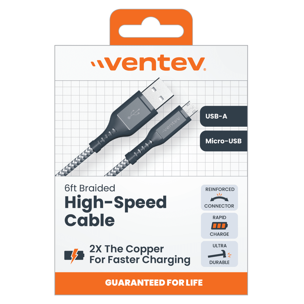 Wholesale cell phone accessory Ventev - High Speed USB A to Micro USB Braided Cable with 2x