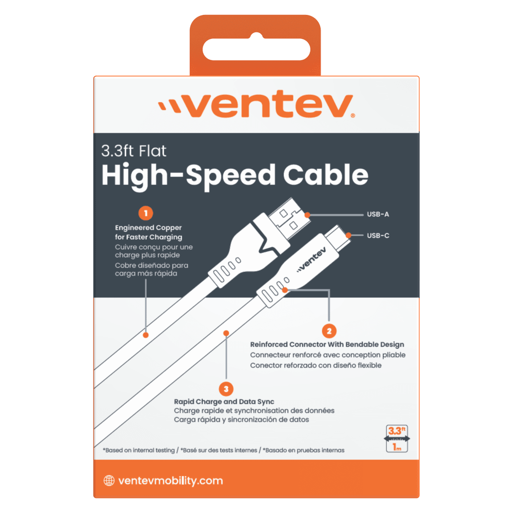 Wholesale cell phone accessory Ventev - Flat USB A to USB C High Speed Tangle-Free Cable 3.