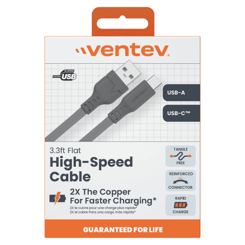 Wholesale cell phone accessory Ventev - Flat USB A to USB C High Speed Tangle-Free Cable 3.