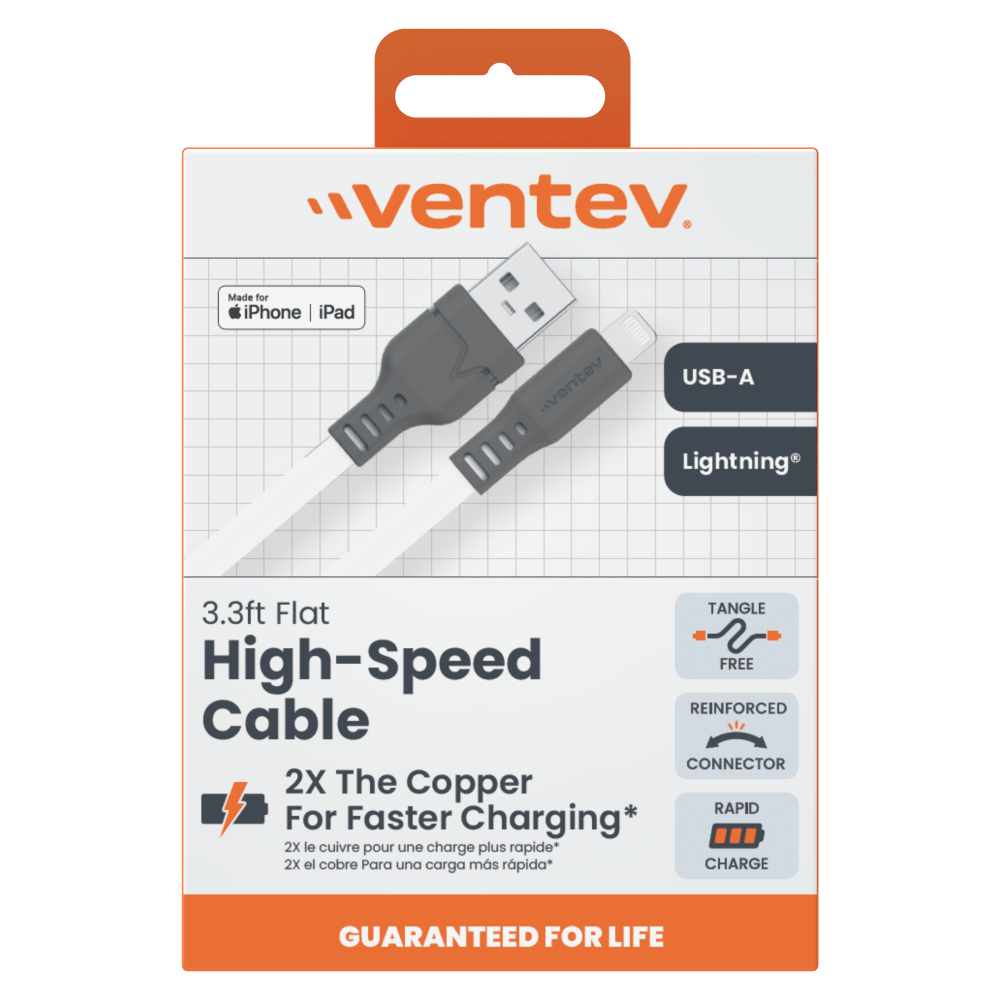 Wholesale cell phone accessory Ventev - Flat USB A to Apple Lightning High Speed Tangle-Free