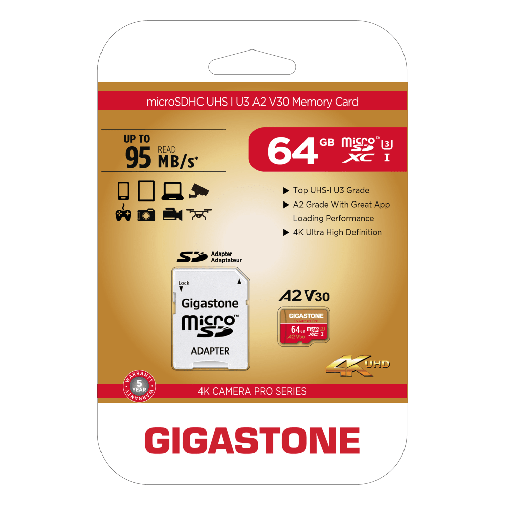 Wholesale cell phone accessory Gigastone - MicroSD A1 V30 Memory Card 64GB - Red and Gold