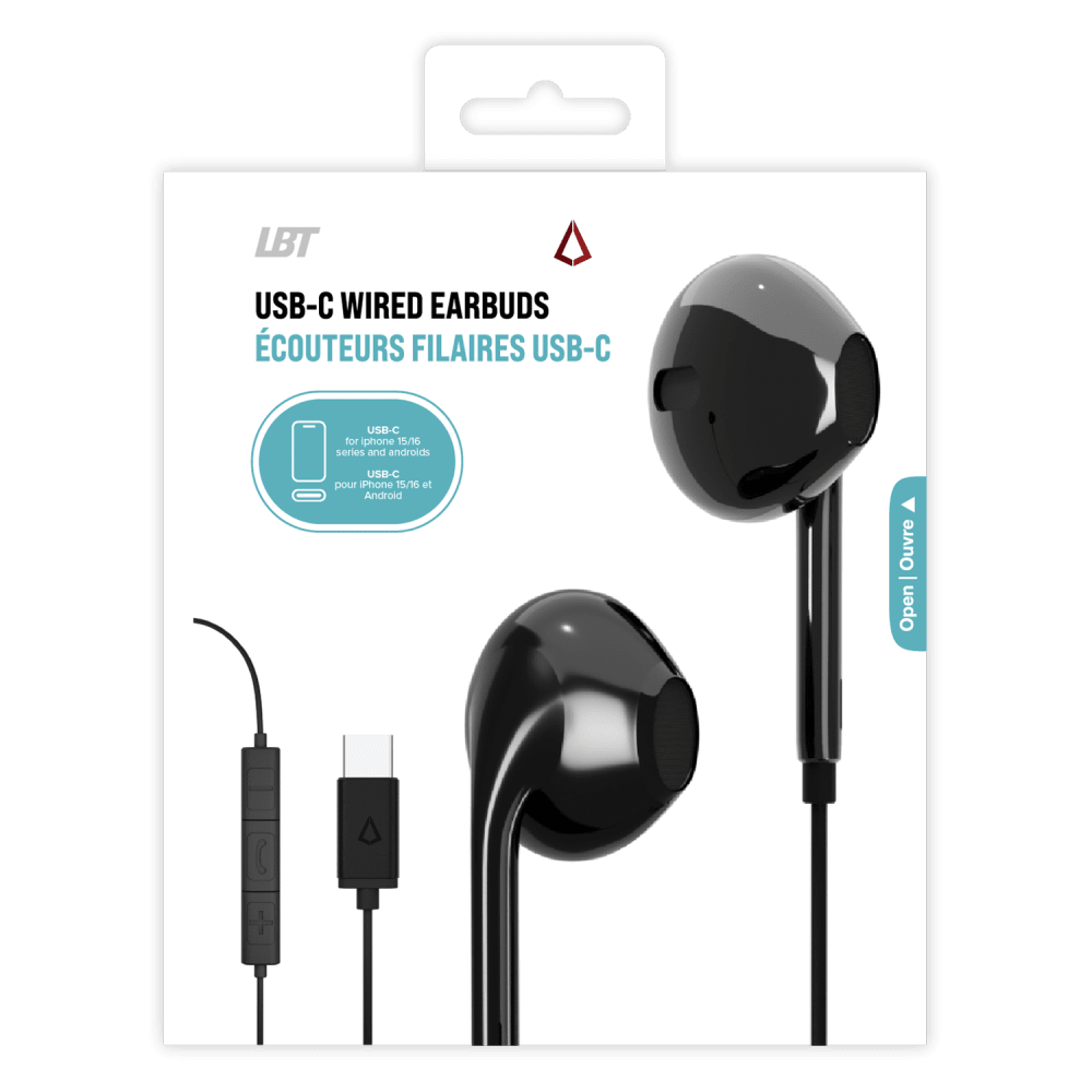 Wholesale cell phone accessory LBT - USB C Wired Earbuds - Black